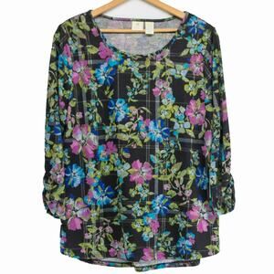 CARIBBEAN JOE XL Black Floral Top 3/4 Length Sleeve Polyester Blend Sweater NWT